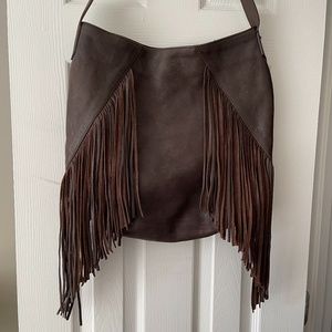 ZARA Dark brown leather fringe shoulder bag
